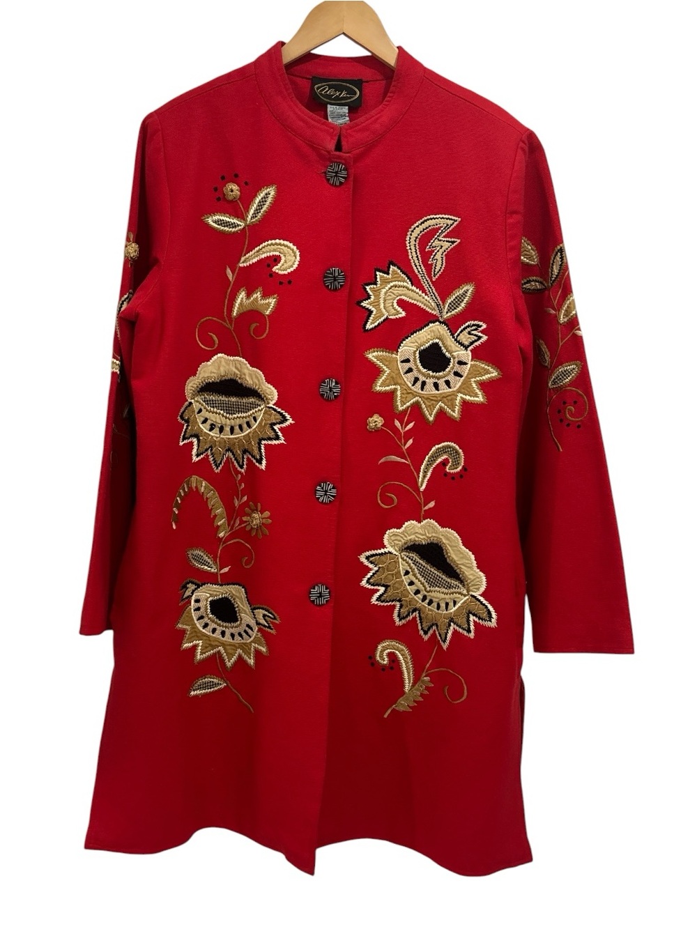 Alex Kim Wearable Art Red Embroidered Duster Jacket Floral Vintage - M
